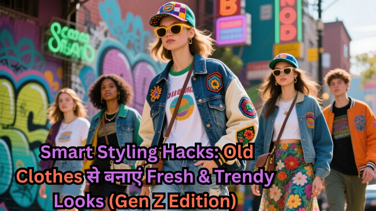 Group of trendy Gen Z youngsters wearing denim jackets, colorful patches, retro sunglasses, and casual outfits, walking confidently on a street with graffiti walls – showcasing smart styling hacks using old clothes for fresh looks.