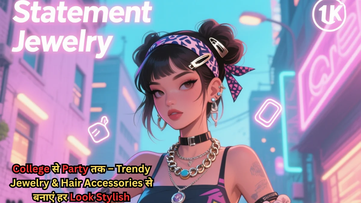 Trendy girl wearing statement jewelry, layered chains, bold earrings, and stylish hair accessories with neon city background – College to Party fashion styling inspiration.