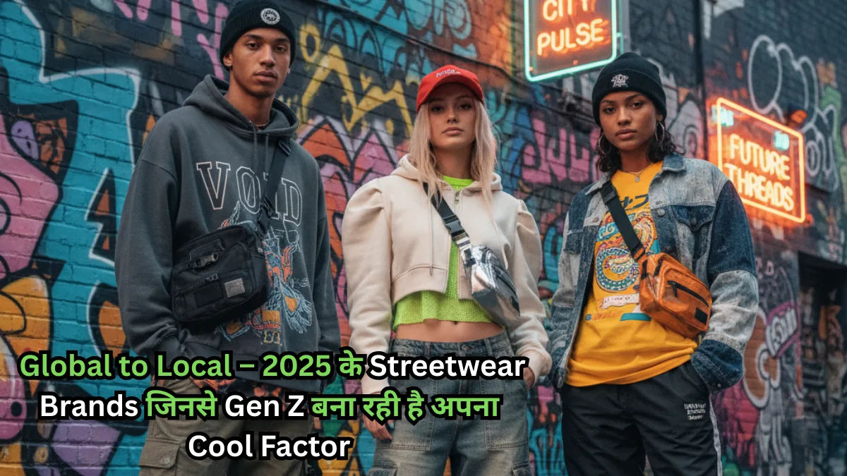 Three Gen Z youngsters in trendy streetwear outfits with hoodies, crop jackets, denim, and crossbody bags, standing in front of a graffiti wall with neon signs – showcasing 2025 global to local fashion brands.