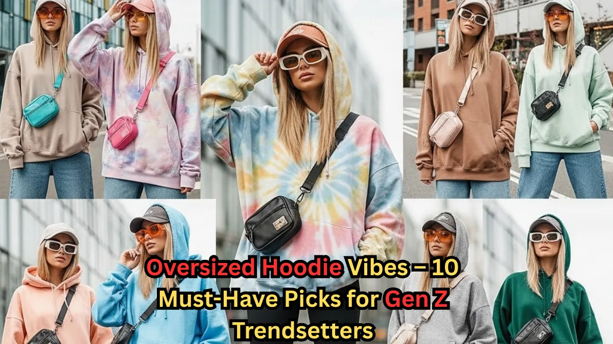 Stylish young woman modeling different oversized hoodies in solid and tie-dye designs, accessorized with caps, sunglasses, and crossbody bags – Gen Z fashion trend inspiration.