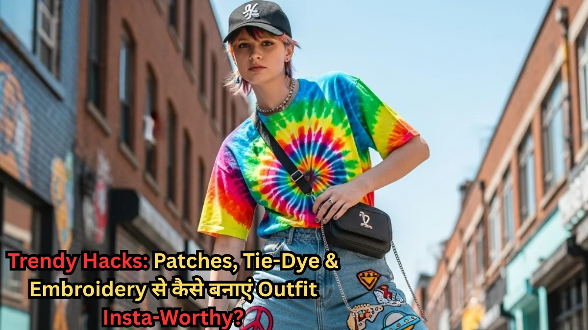 Young woman in a colorful tie-dye t-shirt and denim skirt with trendy patches, accessorized with a black cap and crossbody bag – showcasing outfit hacks with tie-dye, embroidery, and patches.
