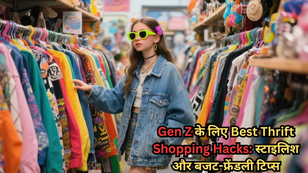 Gen Z girl exploring colorful thrift store clothes – Best thrift shopping hacks for stylish and budget-friendly fashion